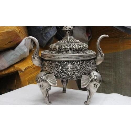 White Copper Silver Elephant Eight treasures Garuda Head Incense Burner Censer