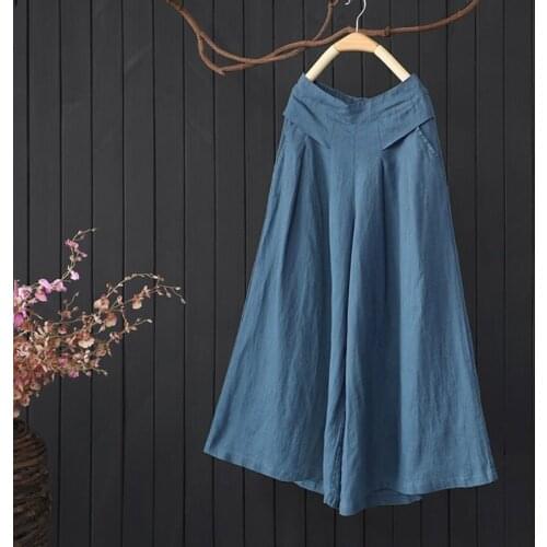 Summer New Loose Large Size Linen Comfortable And Breathable Nine-Point Wide-Leg Pants Skirt Women