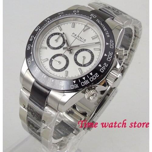 39mm PARNIS Quartz watch men waterproof stainless steel bracelet 24 hours Chronograph black white dial luminous watch 2023