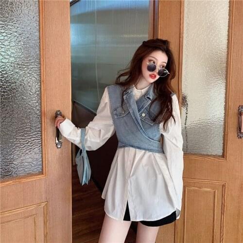 The latest design all-match fashion two-wear denim waistcoat with solid color loose loose wild thin shirt two-piece 2020 autumn