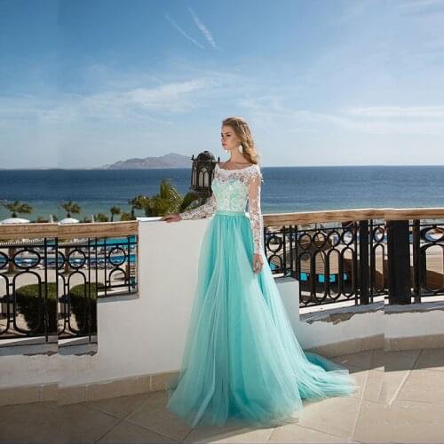 2021 Latest Charming Mint Blue Lace Prom Party Dresses Long Sleeves Bateau Neckline Evening Gowns Illusion Back Sweep Train