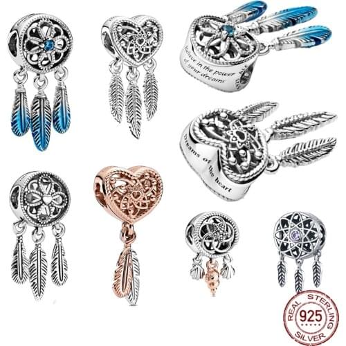 2021 New 925 Sterling Silver Three Feathers Blue Dreamcatcher Charm Bead Fit Original Pandora Bracelet For Women DIY Making Gift