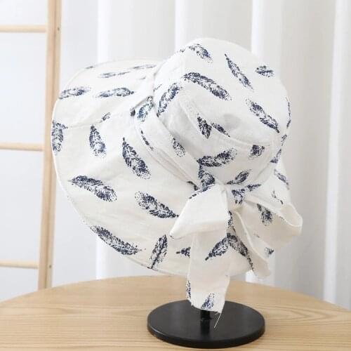 New Women Bow Sun Hat Wide Brim Soft Summer Hats For Women Cotton Beach Panama Bucket Hat Female Shade Sun Caps