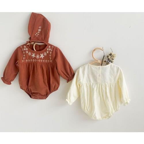 Newborn Baby Romper With Hat Baby Girls Clothes Spring Embroidery Toddler Jumpsuit For Girls Cotton Boys Onesie Long Sleeve