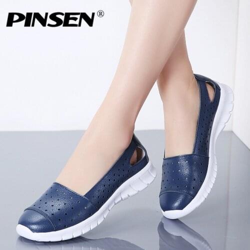 PINSEN 2020 Summer Fashion Women Shoes Genuine Leather Breathable Casual Shoes Woman Ballerina Flats Shoes Slip-on Ladies Shoes