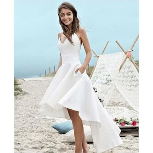 Spaghetti Strap Beach Wedding Dresses 2019 LORIE Vestido Noiva Praia High Low White Satin Casamento Bridal Gowns Custom Made