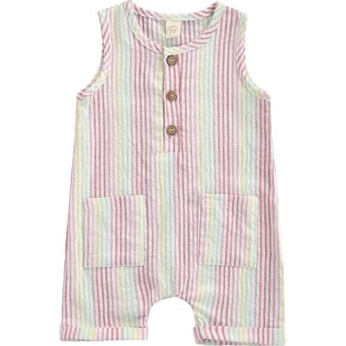 Baby Girls Striped Short Romper, Sleeveless O-neck Jumpsuit with Pockets for Summer