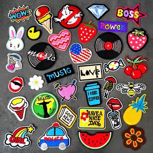 Power Music Lobe Heart DIY Iron On Patches Embroidery Applique Clothes Sewing Supplies Decorative Badges Stickers Flower Rabbit