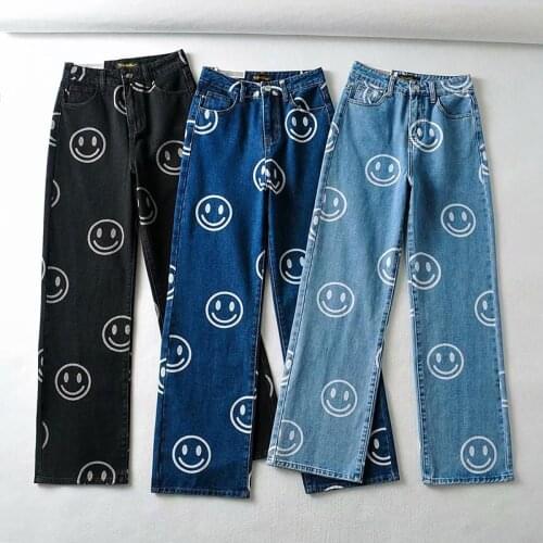 Y2K Smiley Print Straight Jeans Women Casual High Wasit Denim Trouser Fashion Simple Loose Streerwear Wide Leg Pants Harajuku