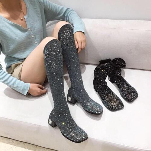 Autumn/Winter Sock Boots for Women Square Toe Rhinestone Design Thick Mid Heels Stretch Boots Slip On Fashion Slim Boots Woman