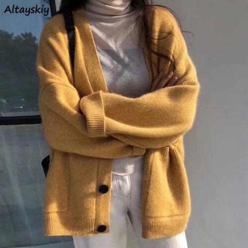 Sweaters Women Solid V-Neck Long Sleeve Leisure All-match Minimalist Autumn Ladies Cardigan Loose Lazy Korean Style Knitted Wear