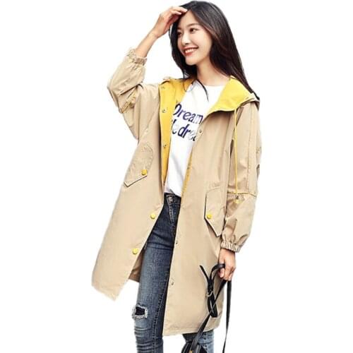 Fashion Hooded Trench coat Women 2019 Spring Autumn Students Casual Top Plus size Windbreaker Female Loose Long Trench Coat 2556