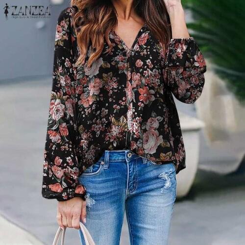 Oversized ZANZEA Elegant Womens Blouse 2021 Spring Bohemian Printed Tops Casual Ladies Puff Sleeve Blusa Femininas V-neck Tops