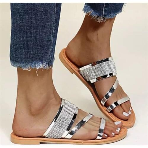 Ladies Beach Slippers Summer 2021 New Women Slip On Bling Gold Flat Slides Outdoor Lightweight Shoes Female Casual Sandals