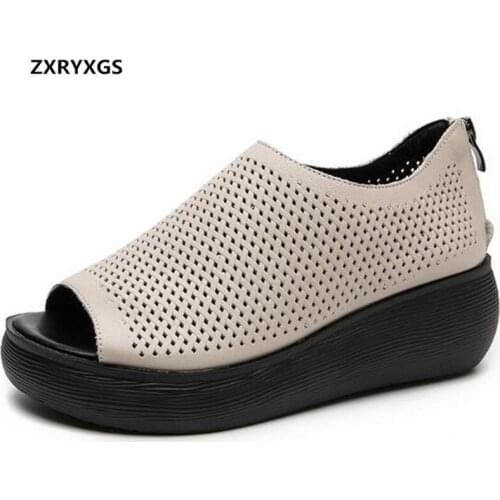Hot top cowhide hole shoes women leather sandals 2020 new Fish mouth comfort wedges sandals summer casual sandals women sandals