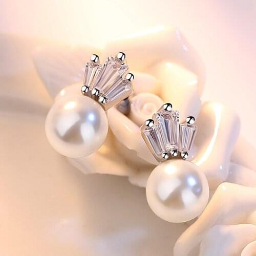 Womens Fashion Elegant Charming Wedding Stud Earrings Shiny CrownShape CZ Stone Imitation Pearl Bridal Piercing Earring Jewelry