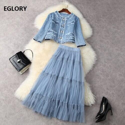 Two Piece Set 2021 Spring Summer Fashion Long Skirt Sets High Quality Women Beading Button Denim Jacket+Sexy Long Mesh Skirts