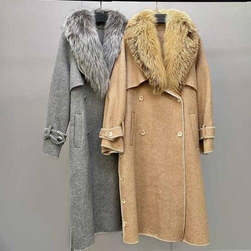 New 2021 Ladies Double-breasted Belted Genuine Wool Jacket Womens Long Trench Coat With Fox Fur Collar