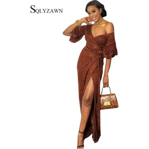 Women Hollow Out V-neck Slit Bodycon Dress Autumn Sexy Sequin Glitter Shiny Lace Up Long Dress Winter Short Sleeve Party Dress