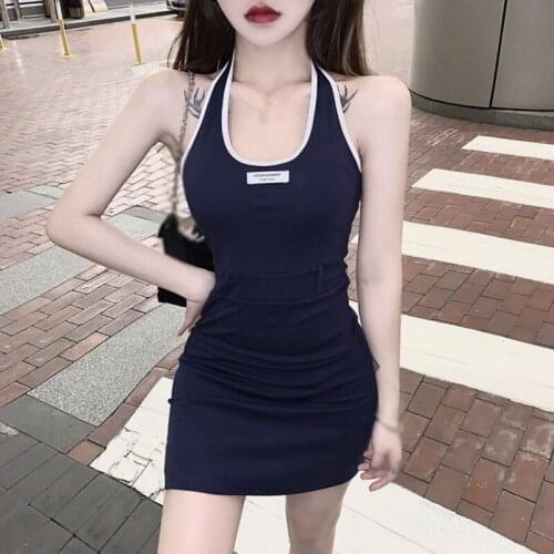Women Off Shoulder Halter Dress Korean Style Ladies Dress Black Dress Fashion Short Sleeve Letter Print Dress