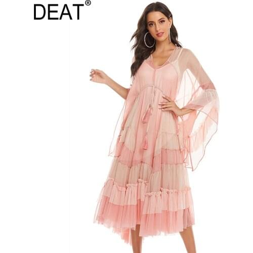 DEAT Woman Dress Flare Sleeve Mesh With Lined V Collar Multi-layer Dresses Beach Style Loose 2021 New Summer Fashion 15HT424