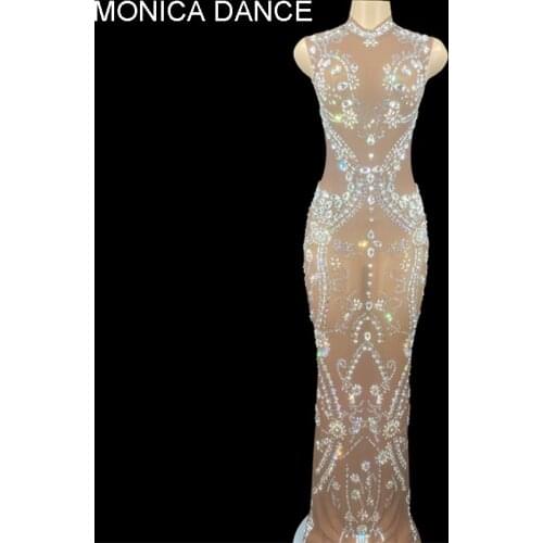 Women Sexy Flashing Rhinestones Tan Mesh See Through Dress Sleeveless Stretch Evening Stage Dance Show Birthday Party Outfit