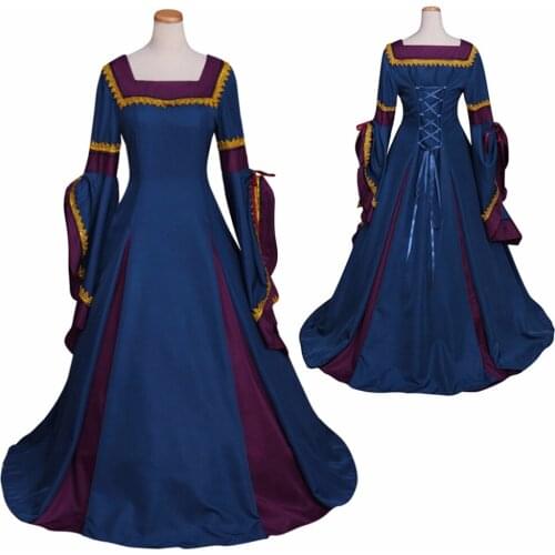 Womens Blue Spring Medieval Dress Cosplay Custom Made Adults Vintage Medieval Dress Cosplay for Halloween Carnival Party