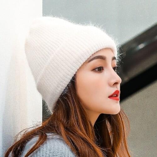 Women knitted Winter Hat female Warm Rabbit fluff beanie Girl Solid Bonnet femme Skullies beanies Soft Hats Womens Winter Caps