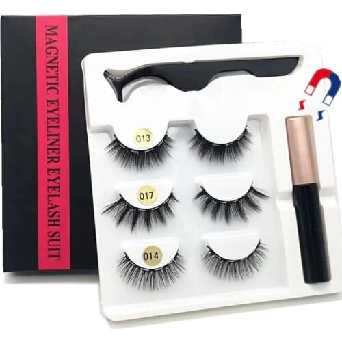 3 Pairs of Magnetic eyelashes Makeup Fake eyelashes +Liquid eyeliner and tweezers Natural handmade eyelashes Free shipping