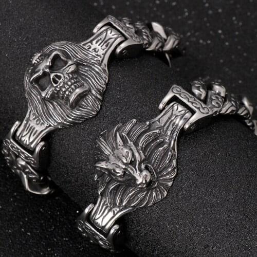 Punk Bracelet for Men Stainless Steel Lion Head Wristband Vintage GothicStyle Skull Jewelry Accessories Homme Armband Male Gift