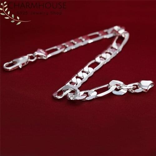 Pure 925 Silver Bracelets for Women 6mm Figaro Link Chain Bracelet & Bangles Wristband Pulseira Fashion Jewelry Wholesale Gifts
