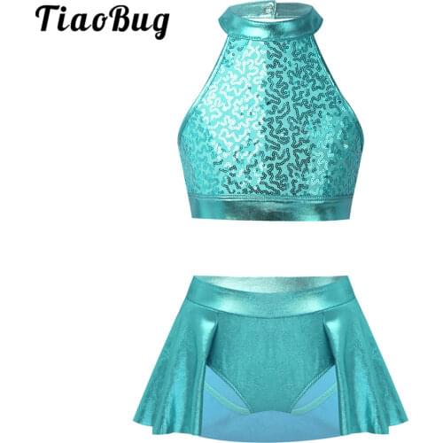Big Girls Hip Hop Dance Costumes Kids Shiny Sequins Ballet Jazz Performance Cheerleading Uniform Crop Top Skirt Clothing Set