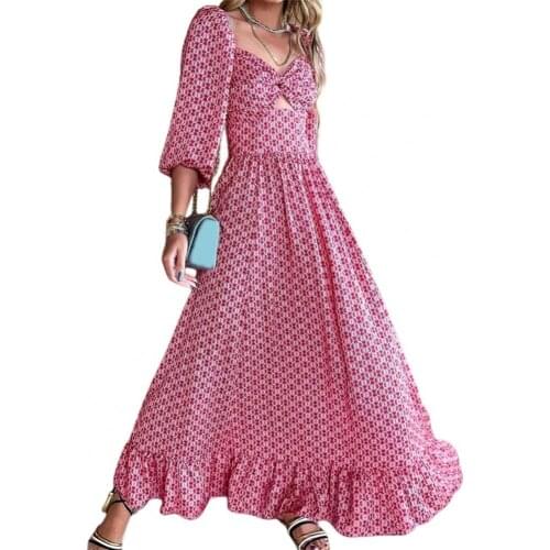 Elegant Women Dress Casual A-Line Ethnic Printing V-Neck Wide Hem Hollow Out Long Lantern Sleeve Office Dresses Party