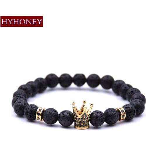 HYHONEY Fashion Black Lava Natural Stone Beads Bracelet Micro Pave Zirconia CZ Crown Charm Bracelets Men Jewelry Yoga pulsera