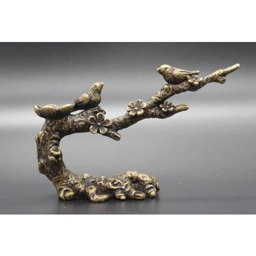 Mini) Exquisite Interesting Chinese old-style Brass Auspicious Statue - Magpies Standing On the Plum Blossom