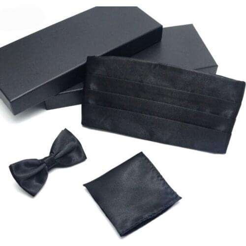 Mens Cummerbund Sets Pocket Square Hanky Black Bow Tie Tuxedo Wedding Mens Formal Noeud Papillon Sash Wide Belts Ceremonial Belt