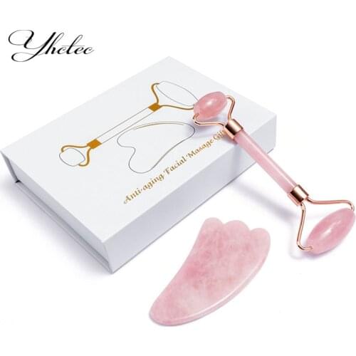 Natural Rose Quartz Jade Roller Set Real Jade Gouache Scraper Jade Massager Gua Sha Board Facial Massager Face Massage Roller