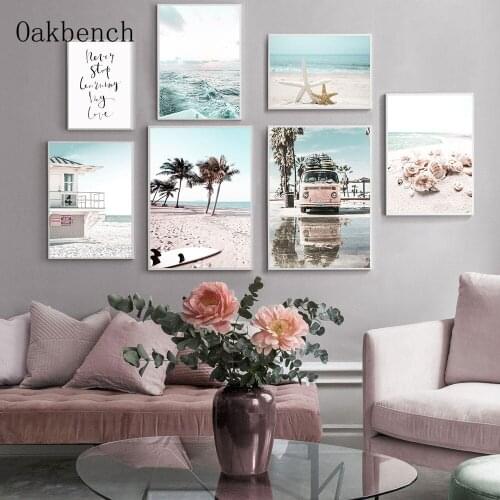 Scandinavian Poster Beach Surfboard Landscape Canvas Painting Shell Starfish Print Nordic Wall Pictures For Living Room Decor