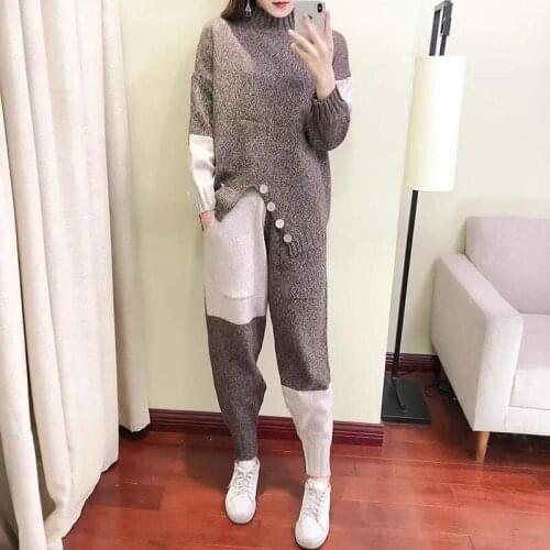 Autumn And Winter Knitted Sweater 2021 New Womens Suit Casual Fashion Round Neck Striped Two Piece Set Women Harem Pants Trend