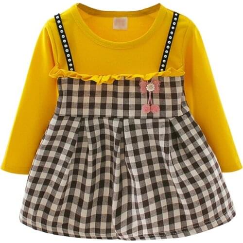 Autumn Baby Girls Dress Fake 2 pcs Casual Plaid Print Long Sleeve Kids Princess Sundress Clothes 3-36M