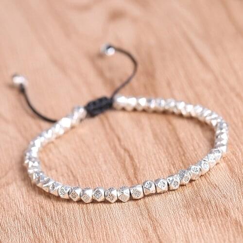 Tibetan Buddhist Faceted Carving Tibetan Silver Color Beads Adjustable Rope Bracelet For Men Bohemia Bracelets Gifts
