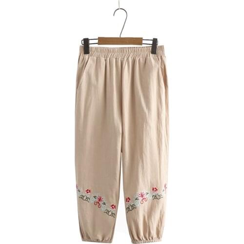 Plus Size Womens Full Cotton 8/10 Pants Elastic Waist Floral Embroidery Vintage Spring Summer Ankle Trousers