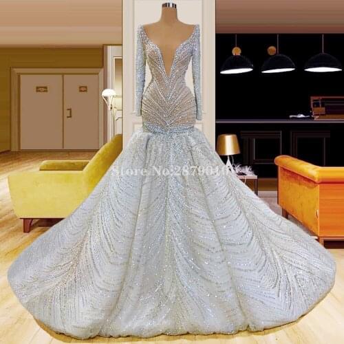 African Luxury Long Sleeve Mermaid Evening Dress 2020 Dubai Beaded Sequins Crystals Floor-Length Prom Dress Formal Dress Design