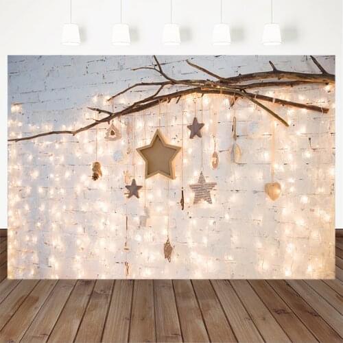 Christmas Photography Background Stars Branches White Brick Wall Backdrop Warm Light Decoration Props Banner For Photo Studio