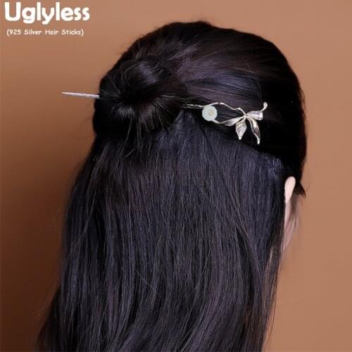 Uglyless Handmade Orchid Grass Real 925 Silver Hair Forks for Women Natural Jade Flower Hair Sticks Antique Dress Hair Jewelry