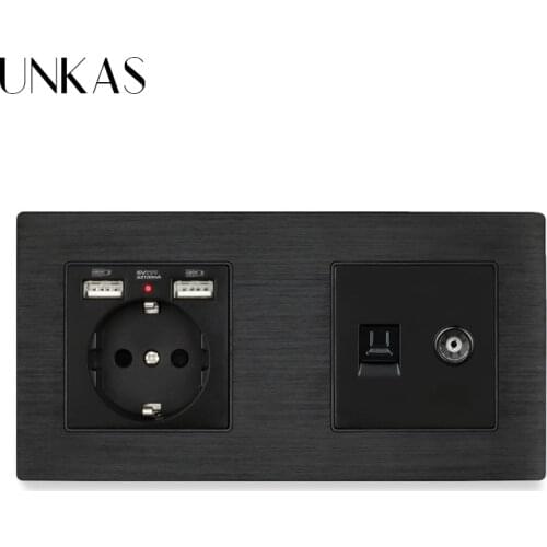 UNKAS 1 gang EU Aluminum Metal Panel Socket with USB + RJ45 Internet Jack With TV Outlet Wall Data Computer Socket Knight Black
