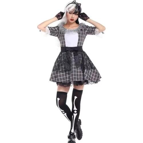 Black And White Grid Woman Halloween Circus Clown Costumes Female Zombie Walking Dead Cosplay Purim Parade Role Play Party Dress