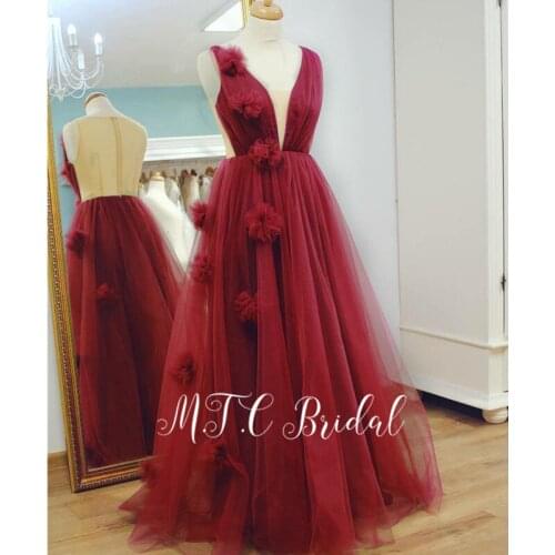 Gorgeous Burgundy Flowers Evening Dresses See Through Back V Neck A Line Tulle Long Prom Gowns 2019 New Arrival Vestido De Festa