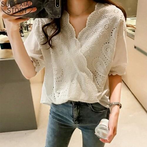 Women Lace Shirt Tops Korean Hollow Out Lace Blouse Plus Size 4XL Short Sleeve Summer V-neck Loose Ladies White Blouses 14090