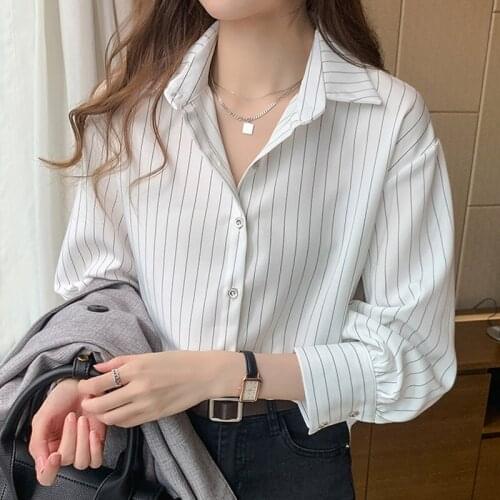 Blouse Women 2021 Turn Down Collar Office Blouse For Women Striped White Chiffon Blouse Shirt Women Blouses Blusas Mujer D393